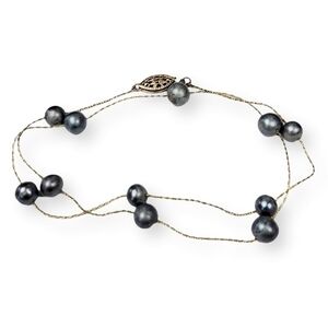 Vintage Station Chain Necklace Faux Pearl 14K Gold Filled Dark Gray 17.25" Long